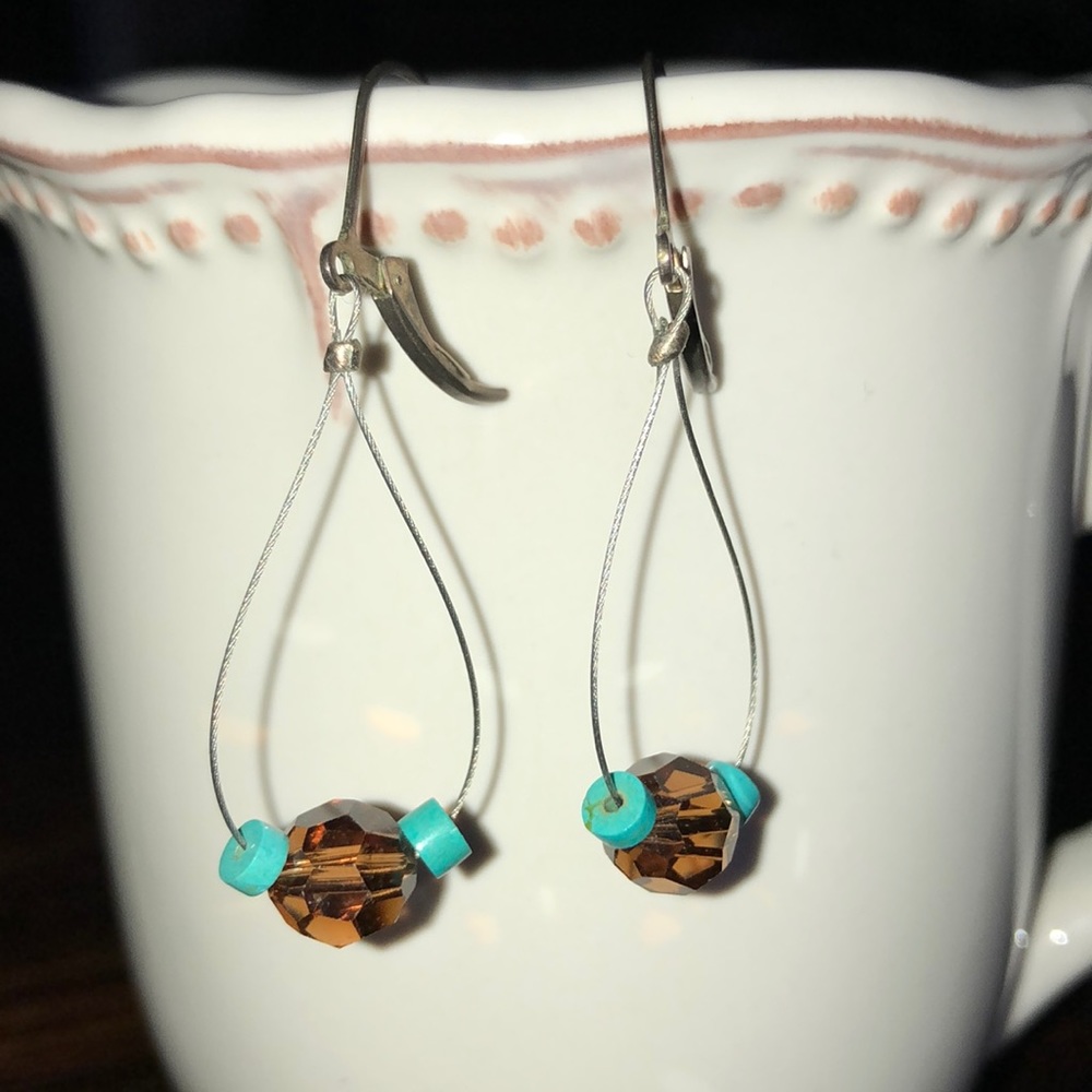 Handmade, drop earrings w/ Swarovski crystal & turquoise colored beads - NEW